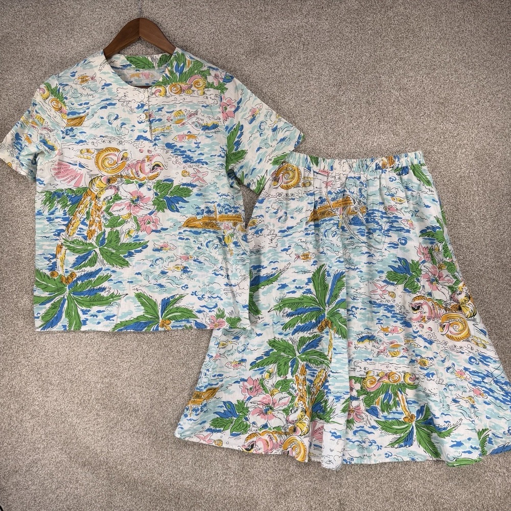 VTG 80s Shirt Skirt Set Hawaiian Beach Shells Floral Festival Artsy Swing Sz M